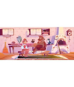 Whimsical girl and bear a Cozy kitchen