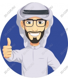 Cheerful Arab man points with his thumb upwards