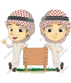  Adorable boys with empty sign in traditional clothing