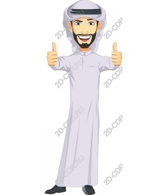 Cheerful Arab man points with his thumb upwards
