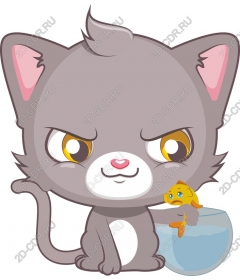 Mischievous grey cat with aquarium
