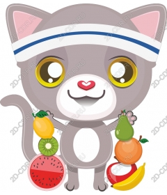 Whimsical fitness cat with fruit