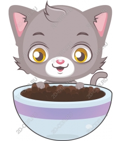  Игривая кошечка с миской для еды