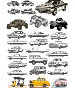 Комплект старинных и современных автомобилей