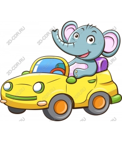 Funny elephant in a yellow car
