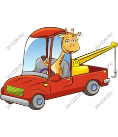 Giraffe in a red tow truck