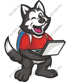 Funny cartoon husky with a laptop