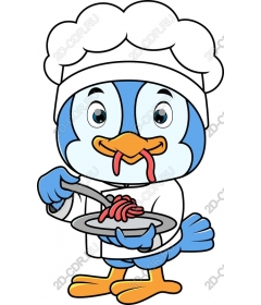  Cute bird cartoon chef serving spaghetti
