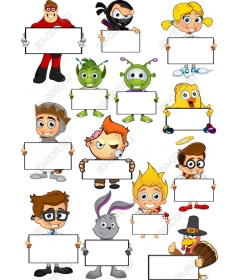 Set of clip art characters, funny cartoon characters with empty banners for individual messages