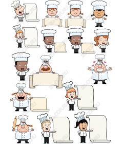 A set of characters chef - 12 funny clipart with blank scrolls