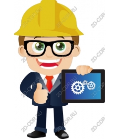 Funny engineer holds tablet