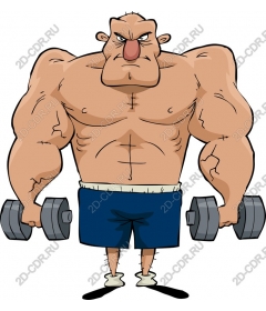 Muscular cartoon character with dumbbells