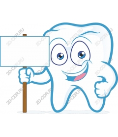 Fun tooth character with a blank sign