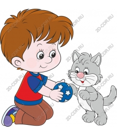 Милый мальчик и кошка играют