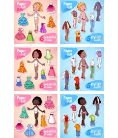 Charming set of paper dolls - 4 stylish character outfits