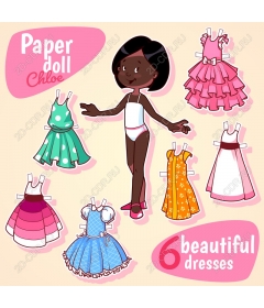 Paper doll Chloe with a set of 6 beautiful dresses