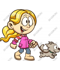 Cheerful girl walking with a dog