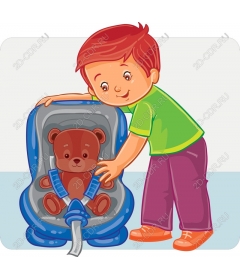  A happy child with a Teddy bear in the car seat