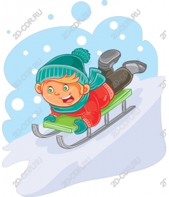 Funny kid riding a sledge in winter