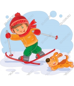 Funny boy skier with a dog