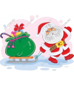Santa Claus pulls a sleigh with gifts