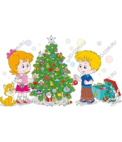  Festive children decorate the Christmas tree