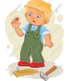  Cute curious kid with a hammer and button