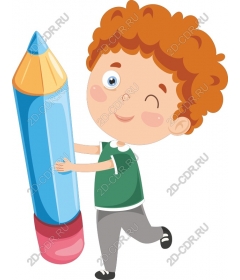 Cheerful boy holding a giant colored pencil