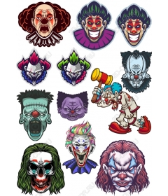 A set of creepy clowns - 12 unique clipart