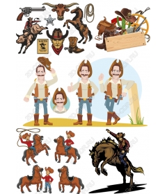 Set of clipart in Western style, cowboys and the Wild West