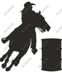 Race cowboys and horses around barrels