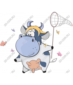 Playful cow with a butterfly net for catching butterflies