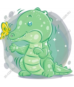 Playful green crocodile with butterfly