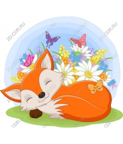  Sleeping Fox with flowers