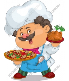 Funny chef with pizza and fried chicken