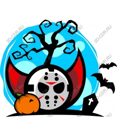 Spooky Halloween hockey mask, pumpkin and Ghost tree