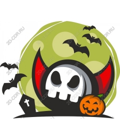  Creepy skull Halloween with bats and pumpkin