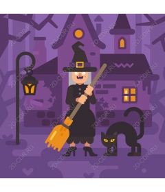 Whimsical Halloween witch and cat