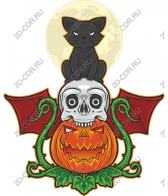 Кошка и череп на Хеллоуин