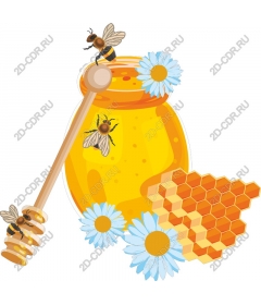 Jar of honey with bees and daisies