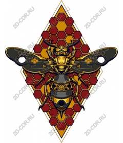 Golden bee with honeycomb