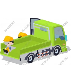 Green truck with cartoon workers