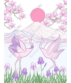  Elegant pink cranes and mount Fuji