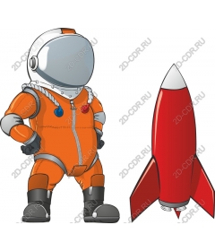 Playful astronaut with a rocket