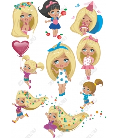 Set of playful animated girls