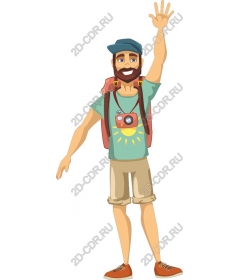 Cheerful adventurer with a camera and a backpack