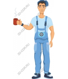 Cheerful young man in overalls with a mug