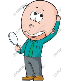 Funny bald character with magnifying glass