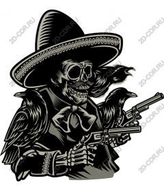  A skeleton in a sombrero with crows