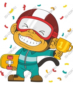 Funny monkey-skateboarder with a trophy